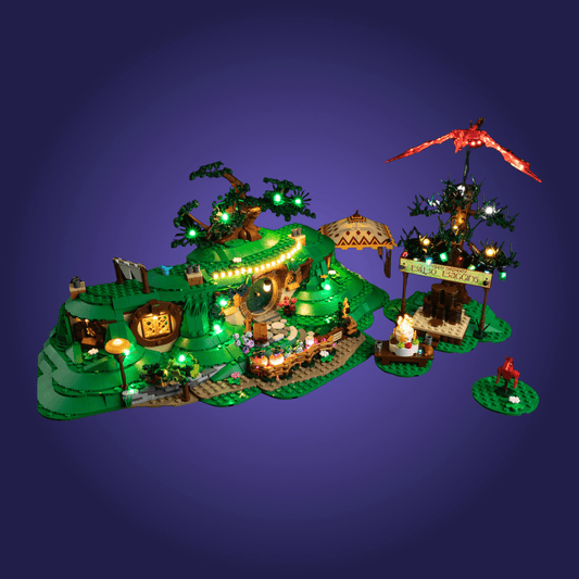 Toy set 10354 resembling a tropical island with buildings and decorations on a dark blue background