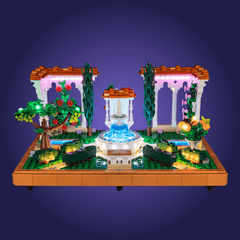 LEGO 10359 garden scene with fountain, trees, and flowers on a purple background