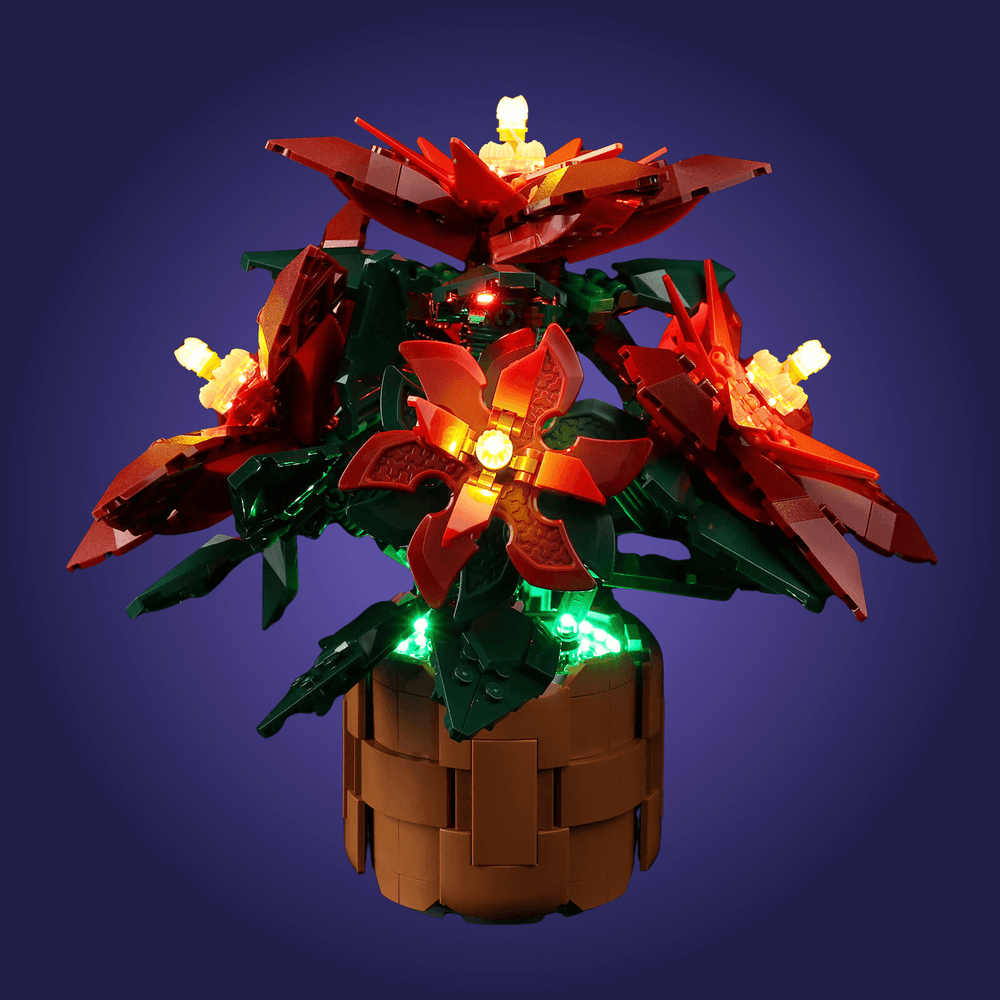 LEGO 10370 potted plant with illuminated flowers on a dark blue background