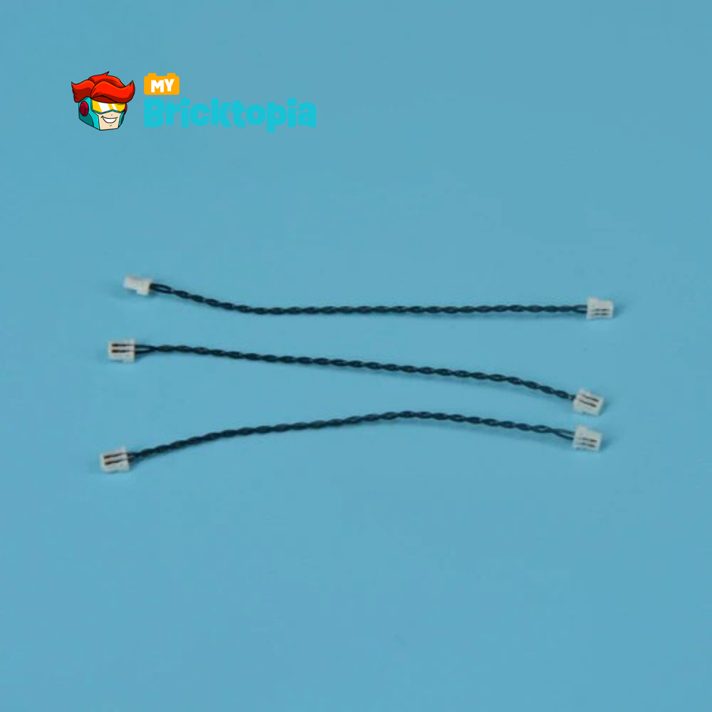 Three braided black cables with connectors on a blue background, featuring the My Bricktopia logo.