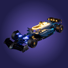 Lego Formula 1 car Red Bull with illuminated details on a dark background