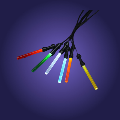 Colorful LED string lights on a dark blue background