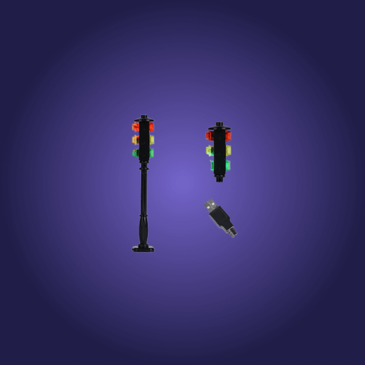 Lego bricks of traffic lights with led lights in a dark blue background