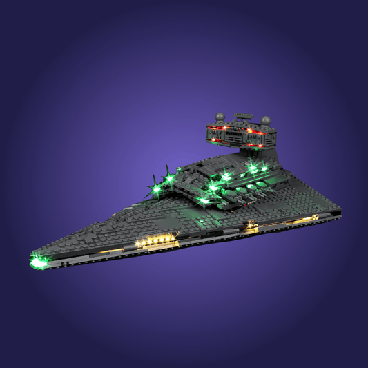 Toy model of a spaceship with green and yellow lights on a dark purple background