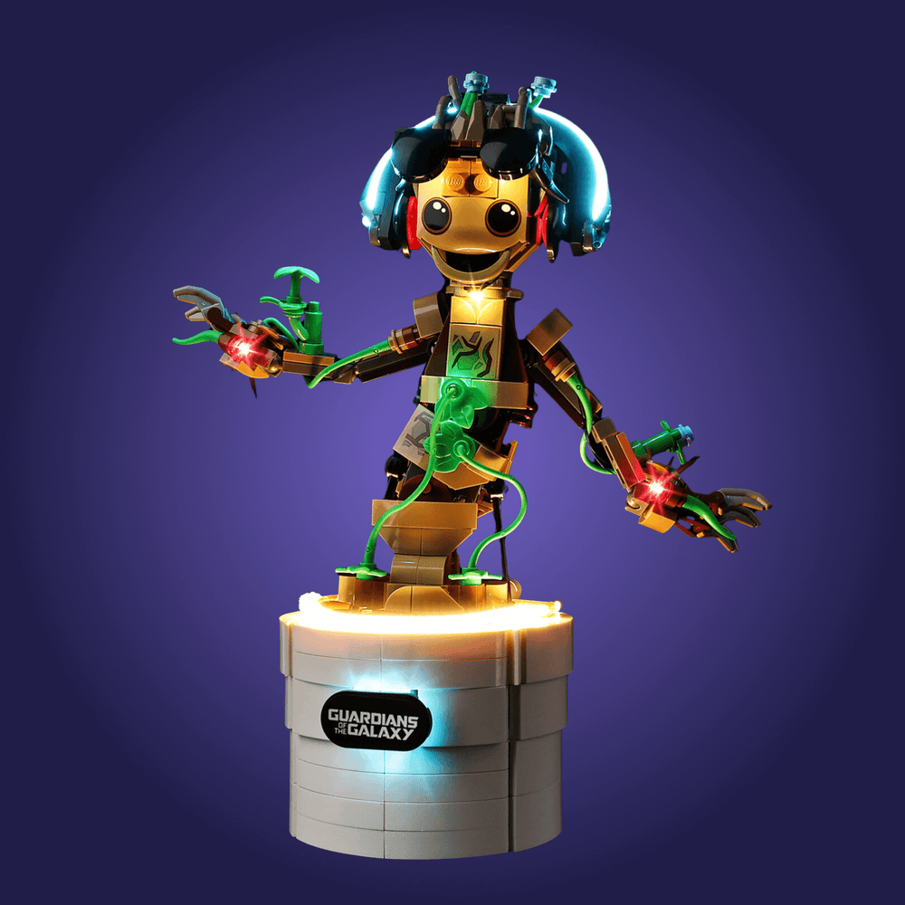 Toy figure with glowing elements on a dark purple background