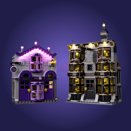 Two LEGO buildings, one purple and one black and gold, on a dark blue background.