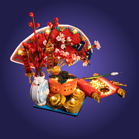 Decorative scene with a lantern, red decorations, and small figures on a blue background