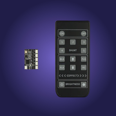 Black electronic remote control with buttons and a small circuit board on a purple background