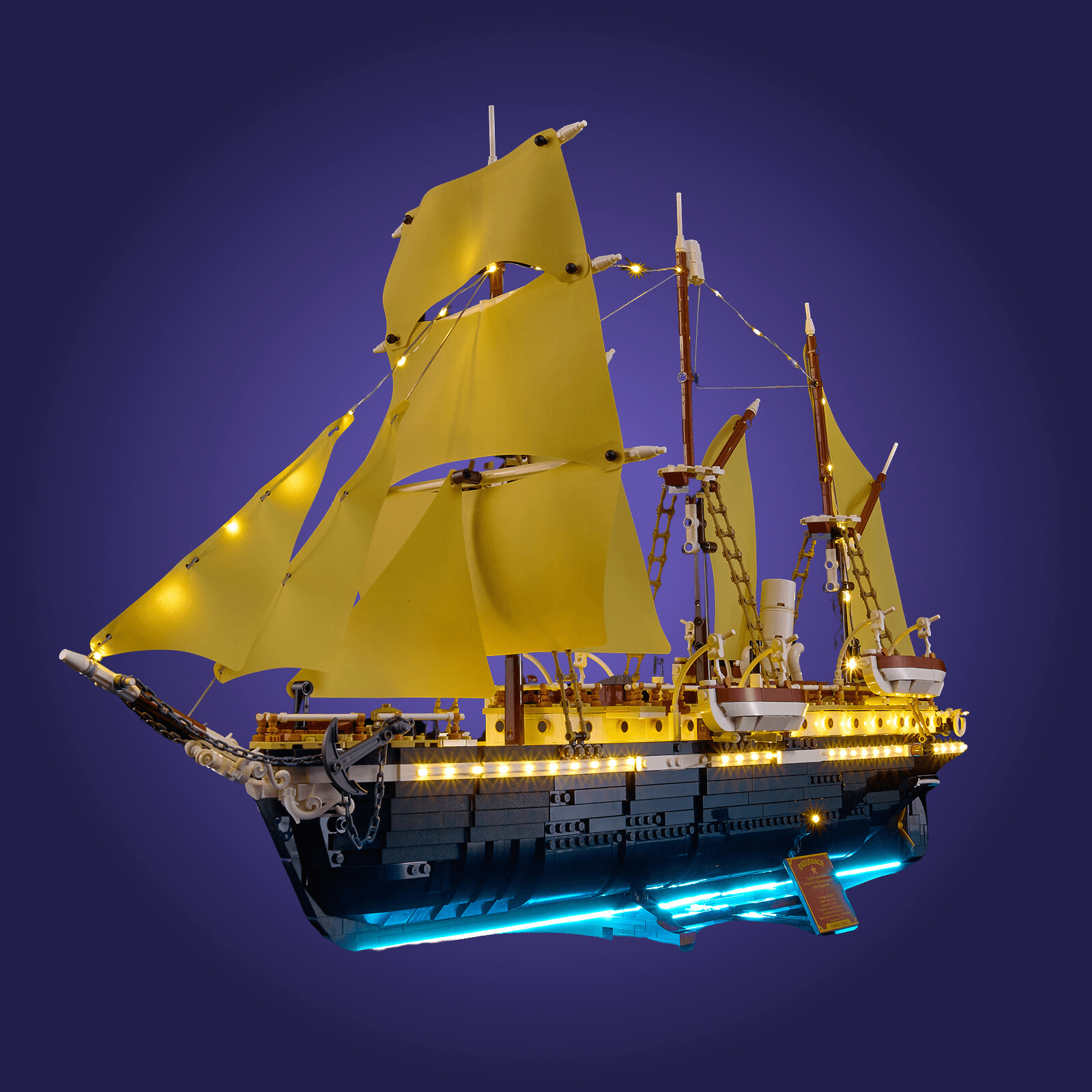 Lego set 10335 ship with yellow sails against a dark blue background