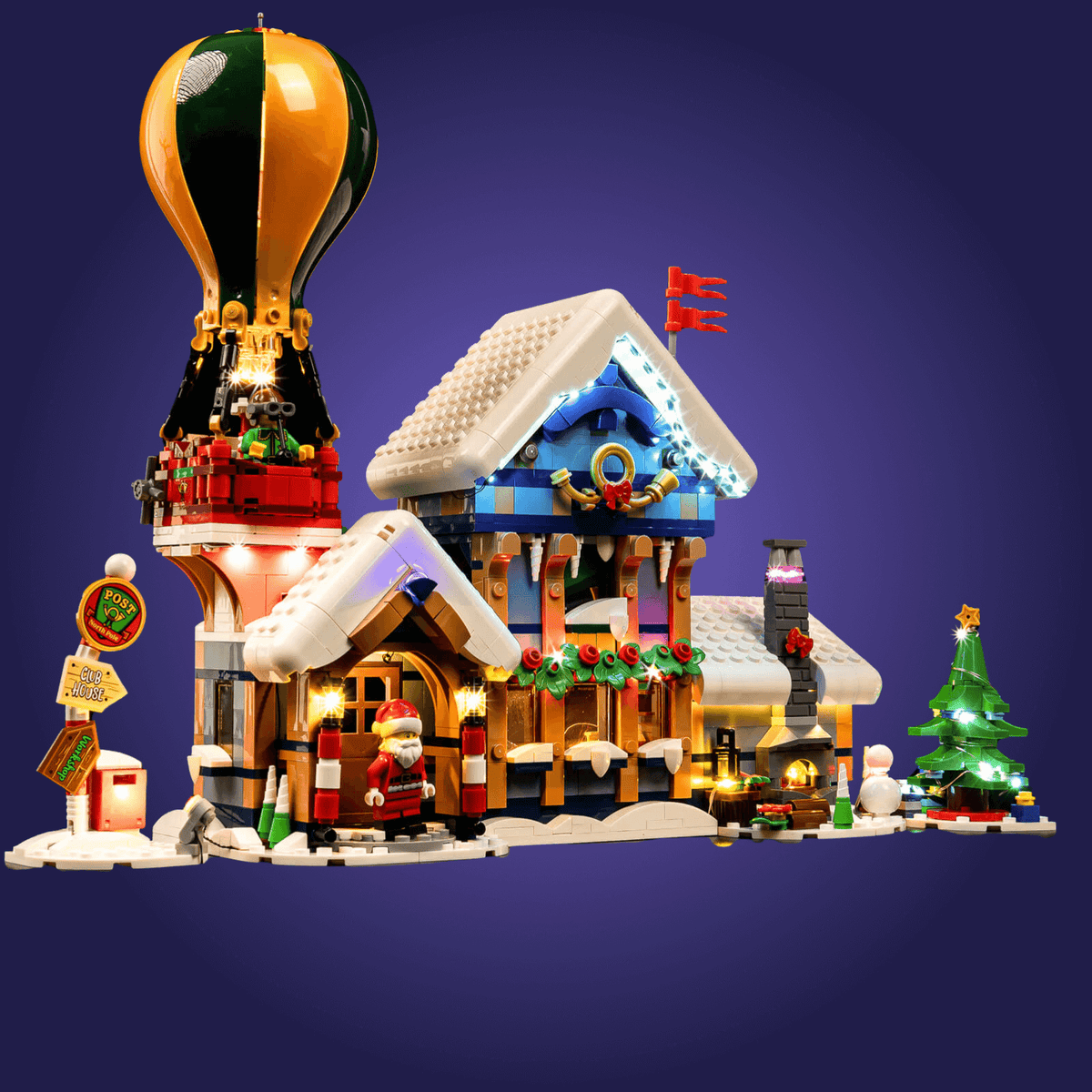 Lego Toy set 10339 with a hot air balloon, house, and Christmas tree on a dark blue background