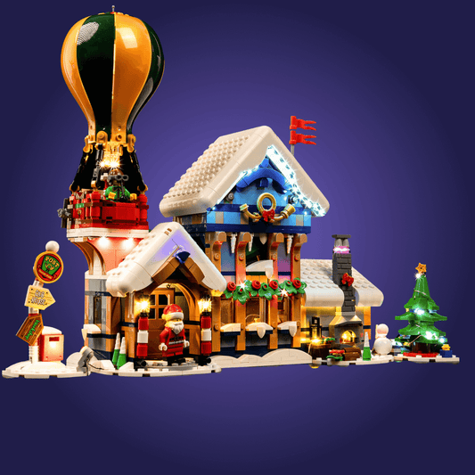 Lego Toy set 10339 with a hot air balloon, house, and Christmas tree on a dark blue background