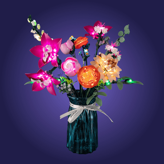 Decorative floral lego set 10342 with lights in a green vase on a dark purple background