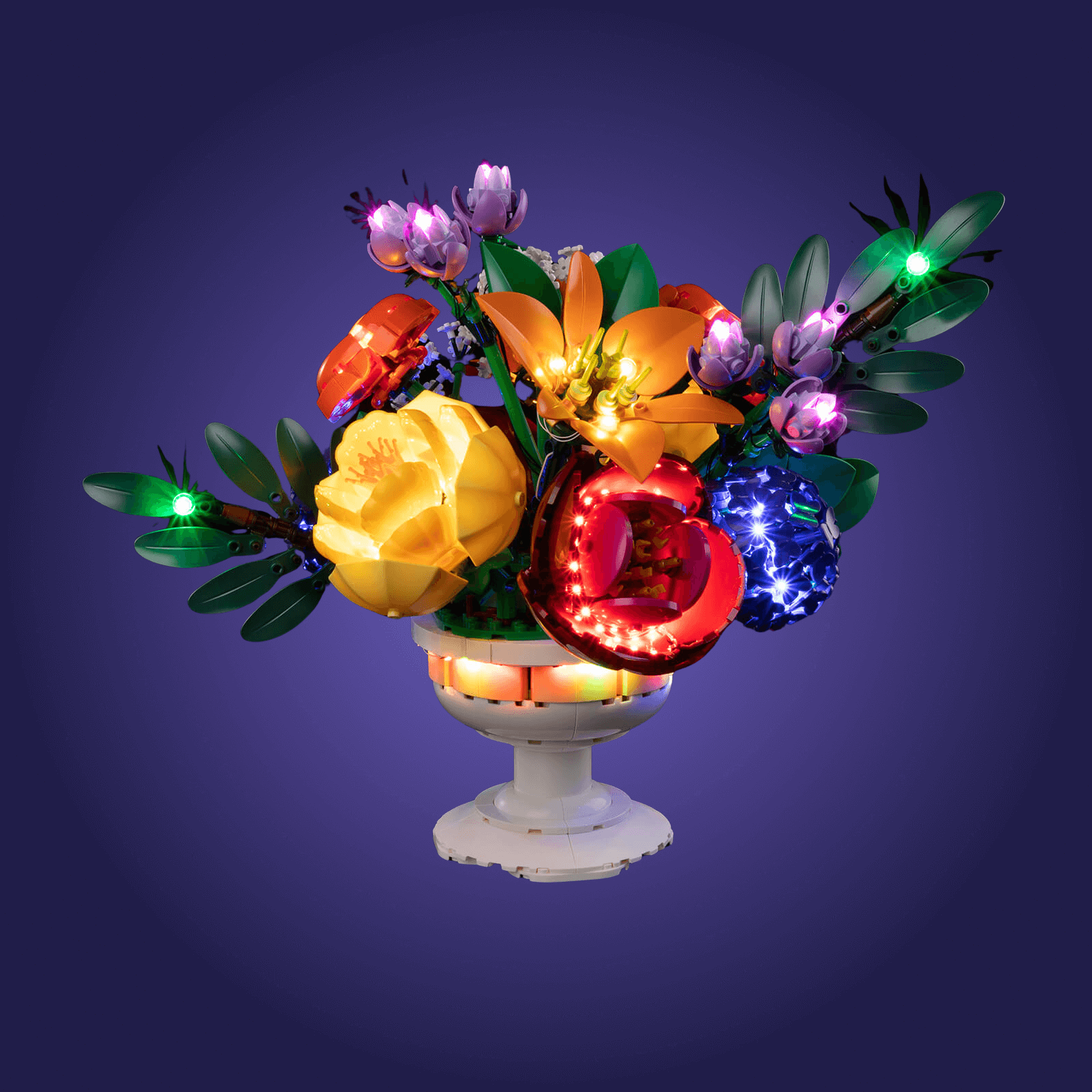 Decorative lego flower 10345 arrangement with colorful lights on a dark background