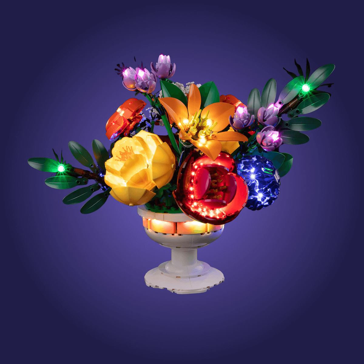 Decorative lego flower 10345 arrangement with colorful lights on a dark background