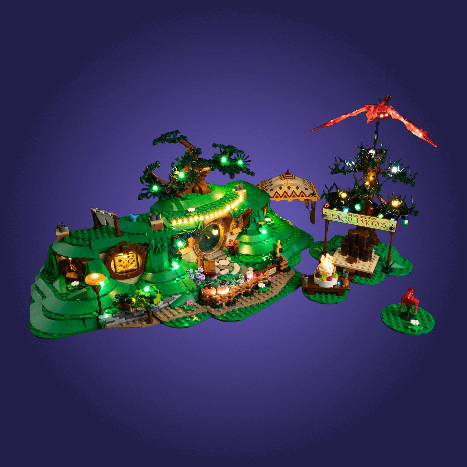 Toy set 10354 resembling a tropical island with buildings and decorations on a dark blue background