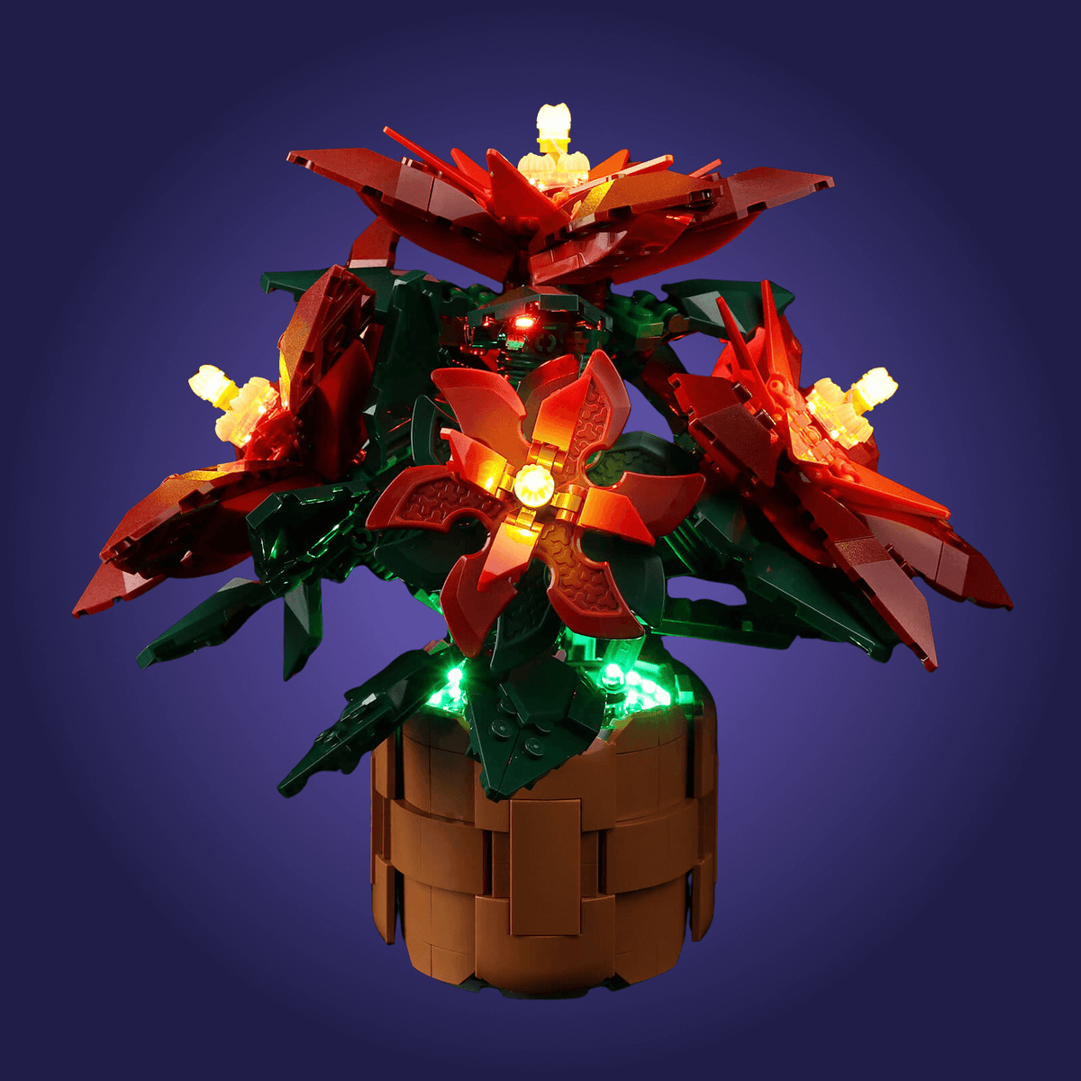 LEGO 10370 potted plant with illuminated flowers on a dark blue background