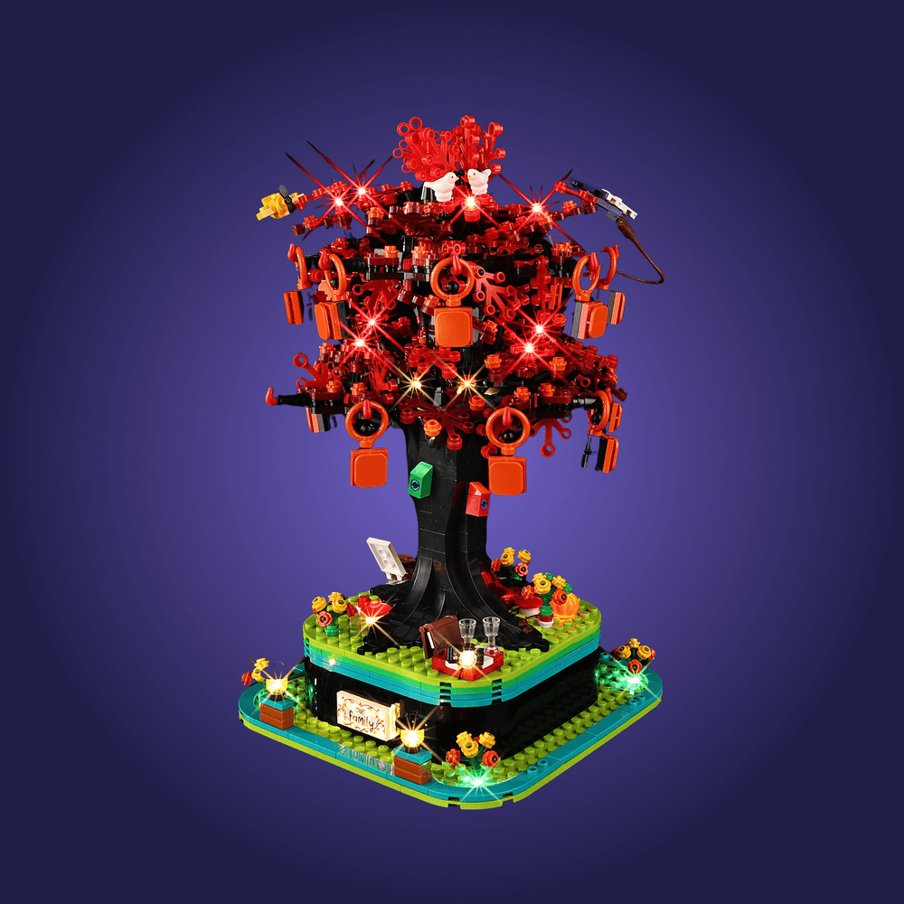 LEGO tree 21346 with various elements on a dark blue background