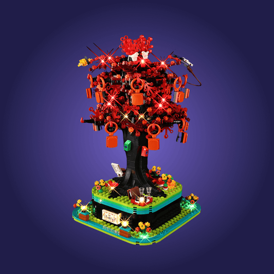 LEGO tree 21346 with various elements on a dark blue background