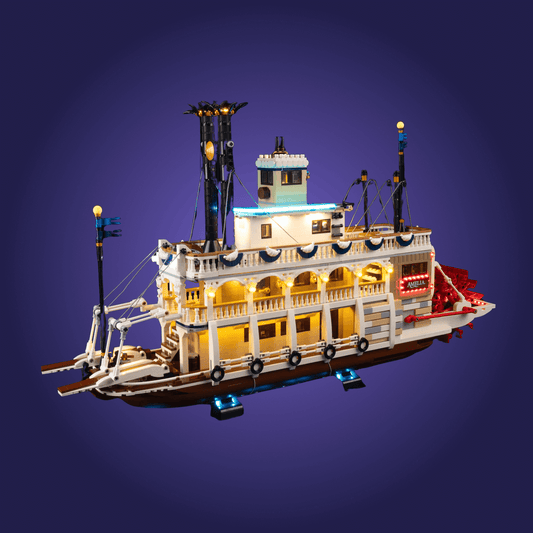Lego set 21356 of a steamboat on a dark blue background