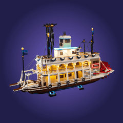 Lego set 21356 of a steamboat on a dark blue background