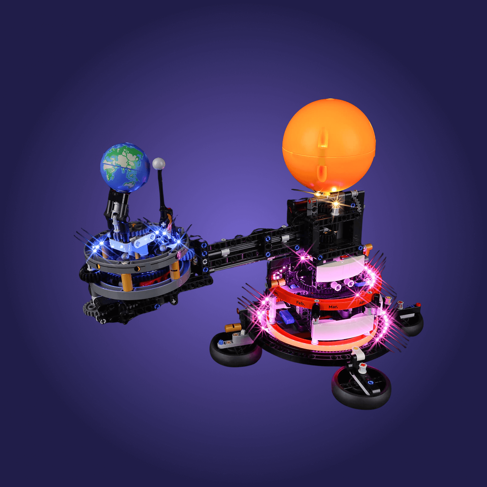 Lego Toy set of a solar system with planets and sun on a reflective surface