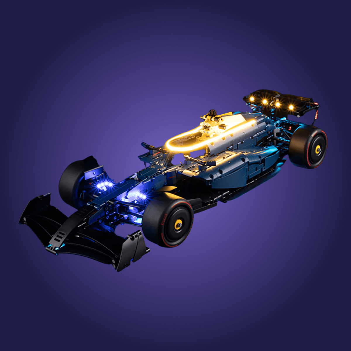 Lego Formula 1 car Red Bull with illuminated details on a dark background