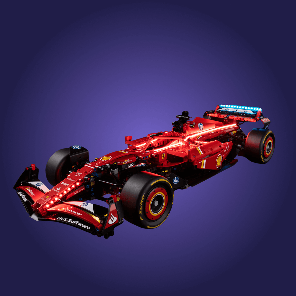 Lego Red Formula 1 car on a dark blue background