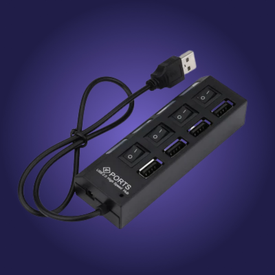 USB hub with multiple ports on a dark blue background