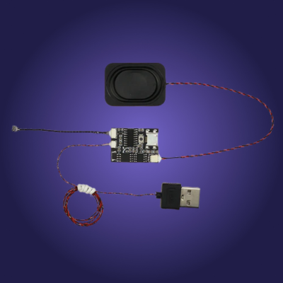 Electronic components including a speaker, circuit board, and USB cable on a blue background