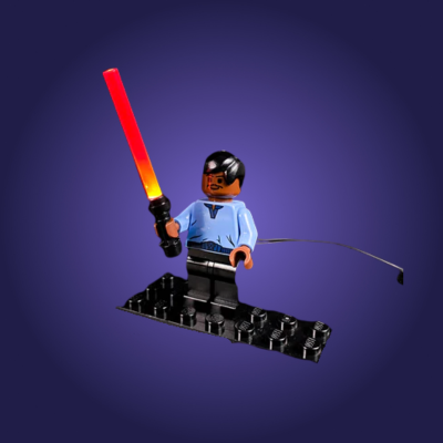 LEGO figure with a red light saber on a dark blue background