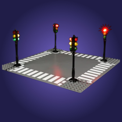 Model of a traffic intersection with multiple traffic lights on a purple background