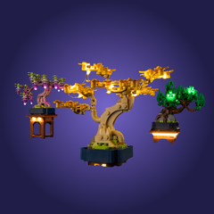 Toy tree with illuminated branches on a dark purple background