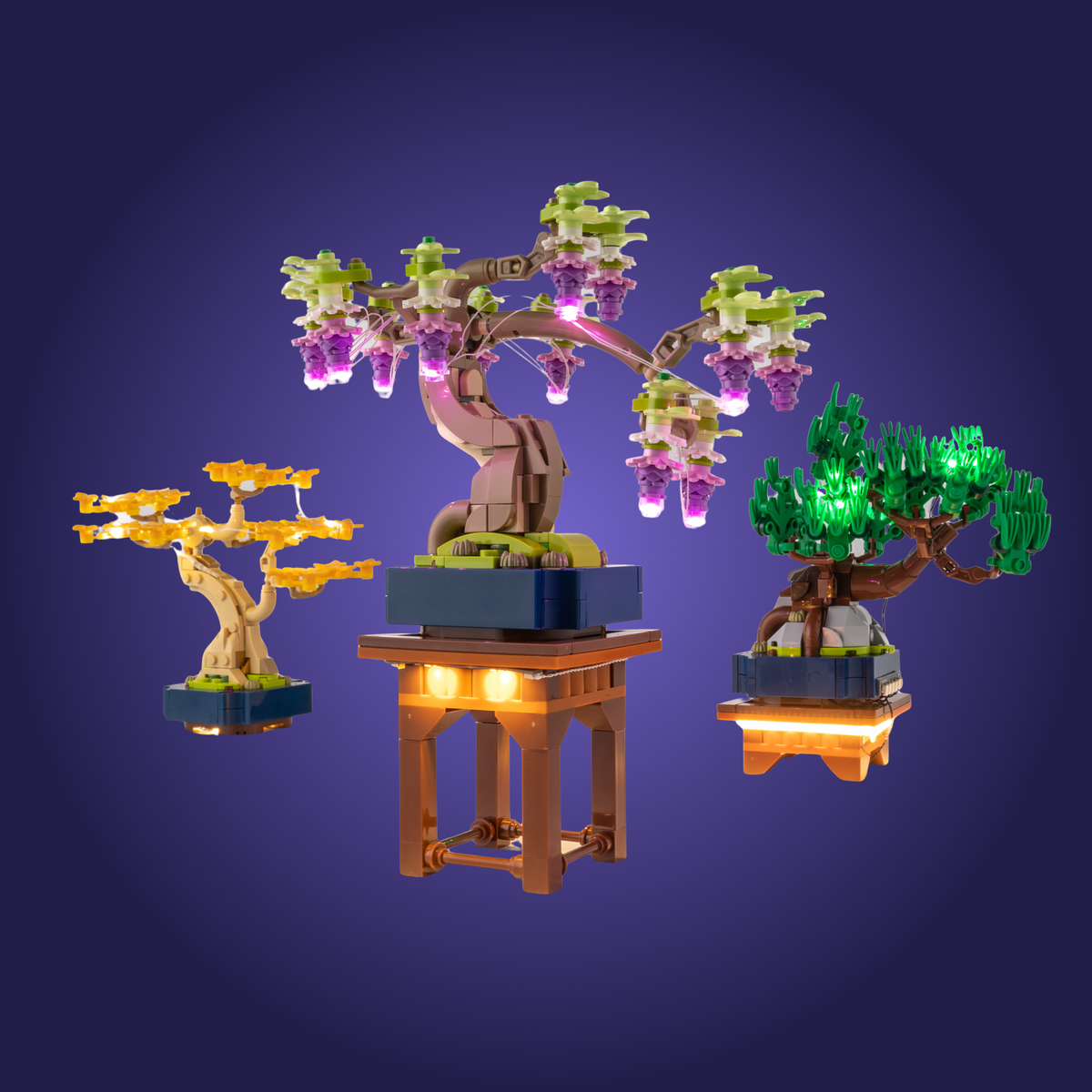 Set of LEGO bonsai trees on a dark purple background