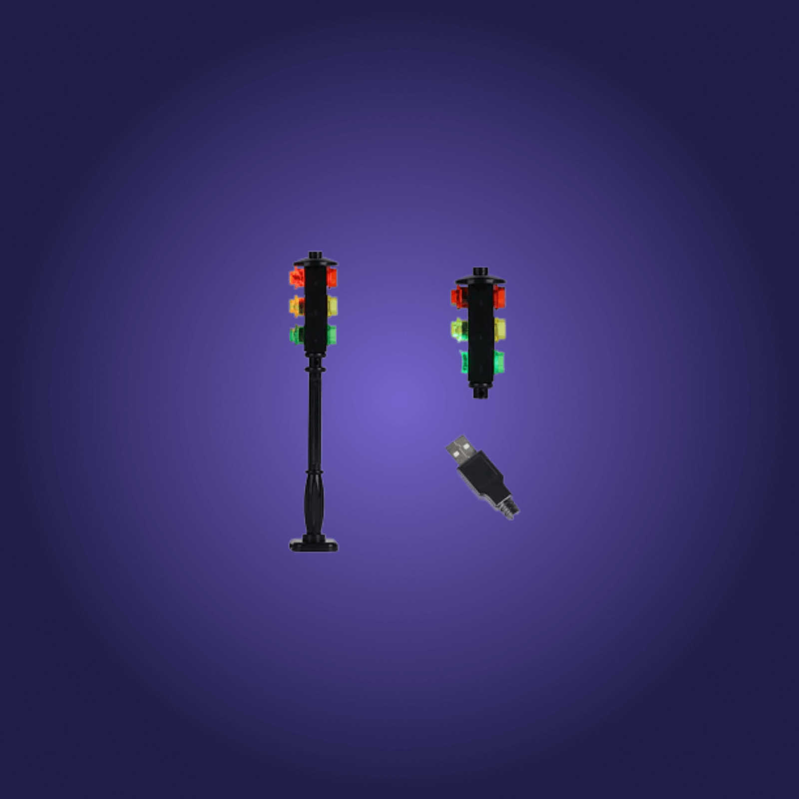 Lego bricks of traffic lights with led lights in a dark blue background