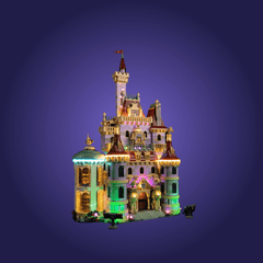 Colorful castle model with illuminated details on a dark blue background
