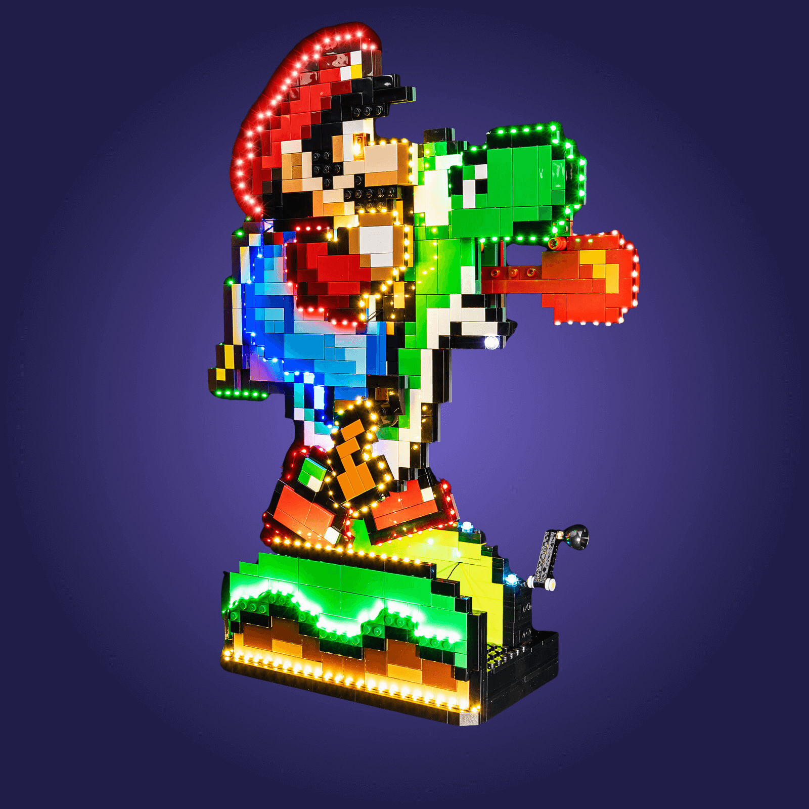 Colorful pixelated character figure with glowing elements on a dark background