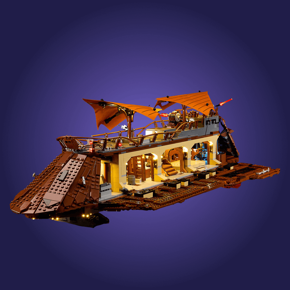 Toy pirate ship model on a dark blue background