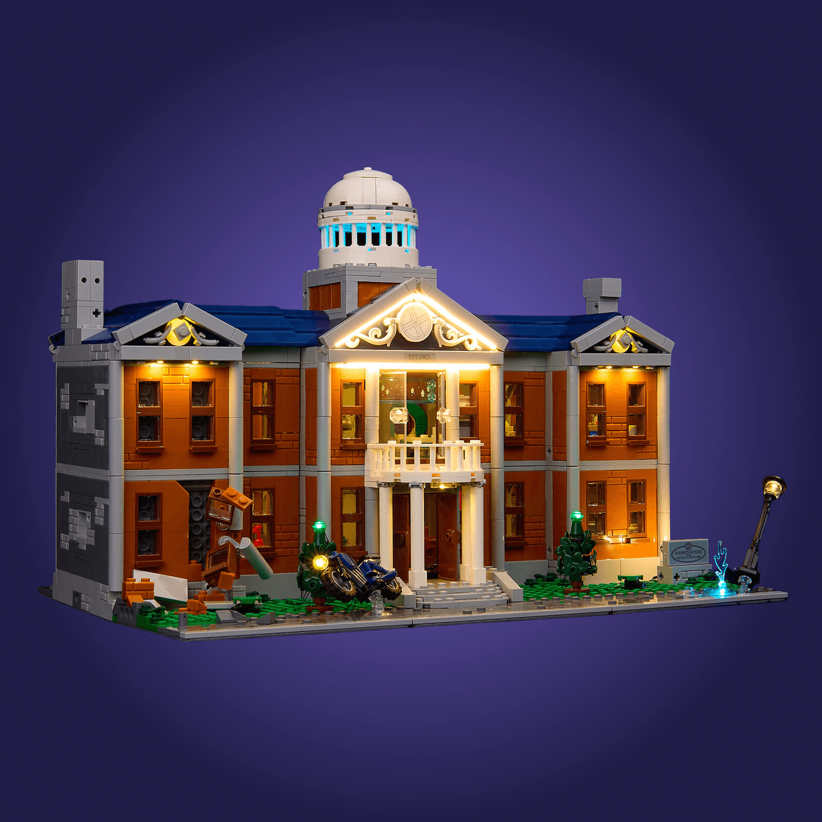 Legion of Honor Museum model building with illuminated windows on a dark purple background