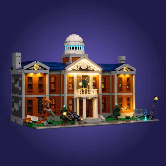 Legion of Honor Museum model building with illuminated windows on a dark purple background