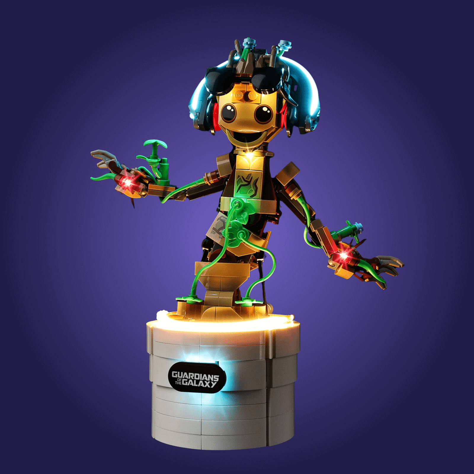 Toy figure with glowing elements on a dark purple background