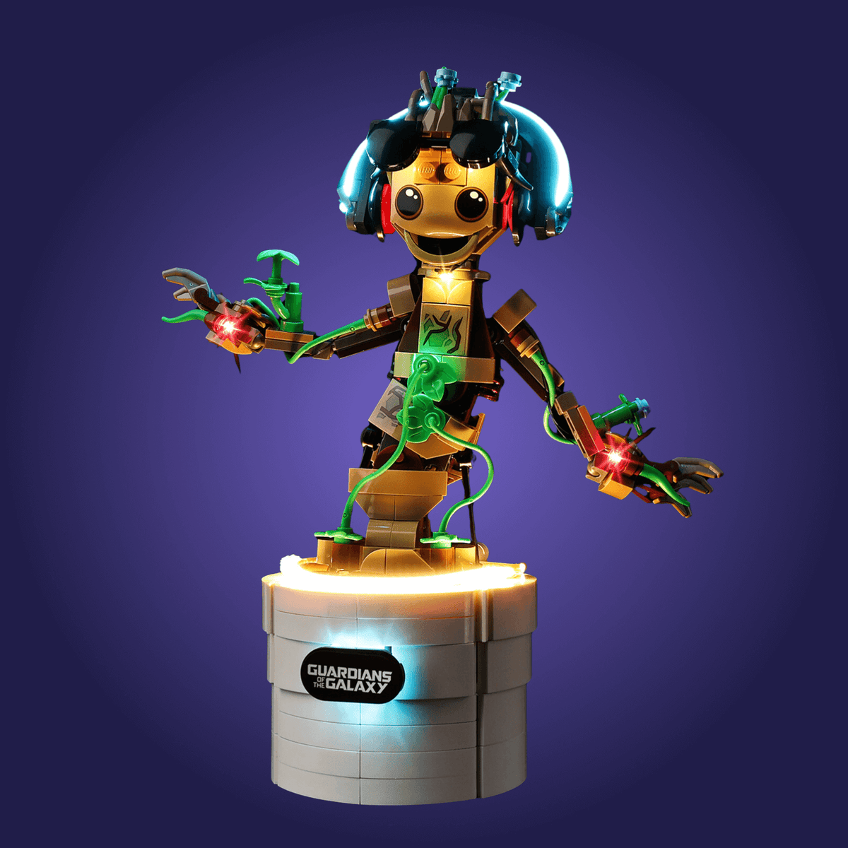 Toy figure with glowing elements on a dark purple background