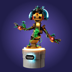 Toy figure with glowing elements on a dark purple background