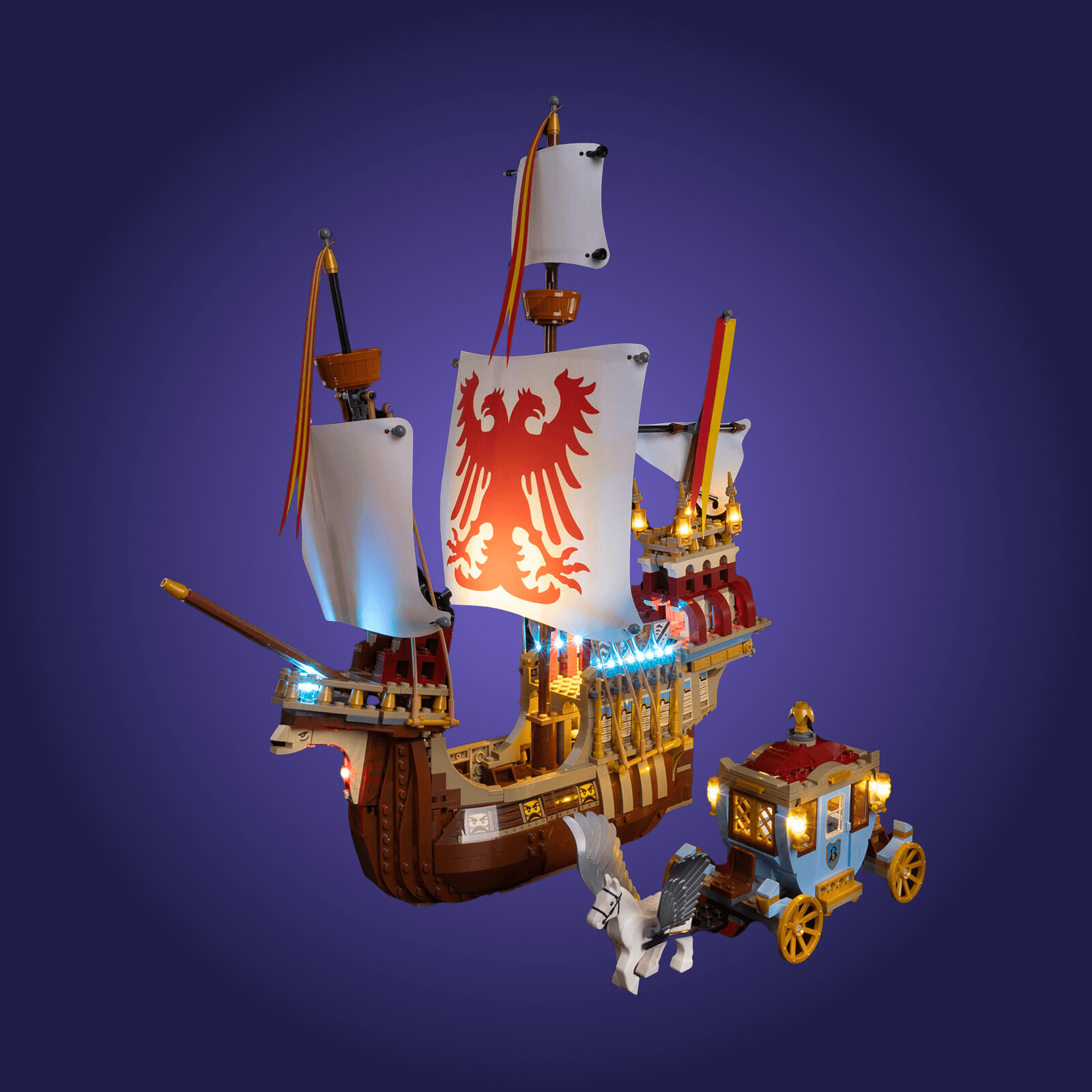 Toy ship with a detailed design on a blue background