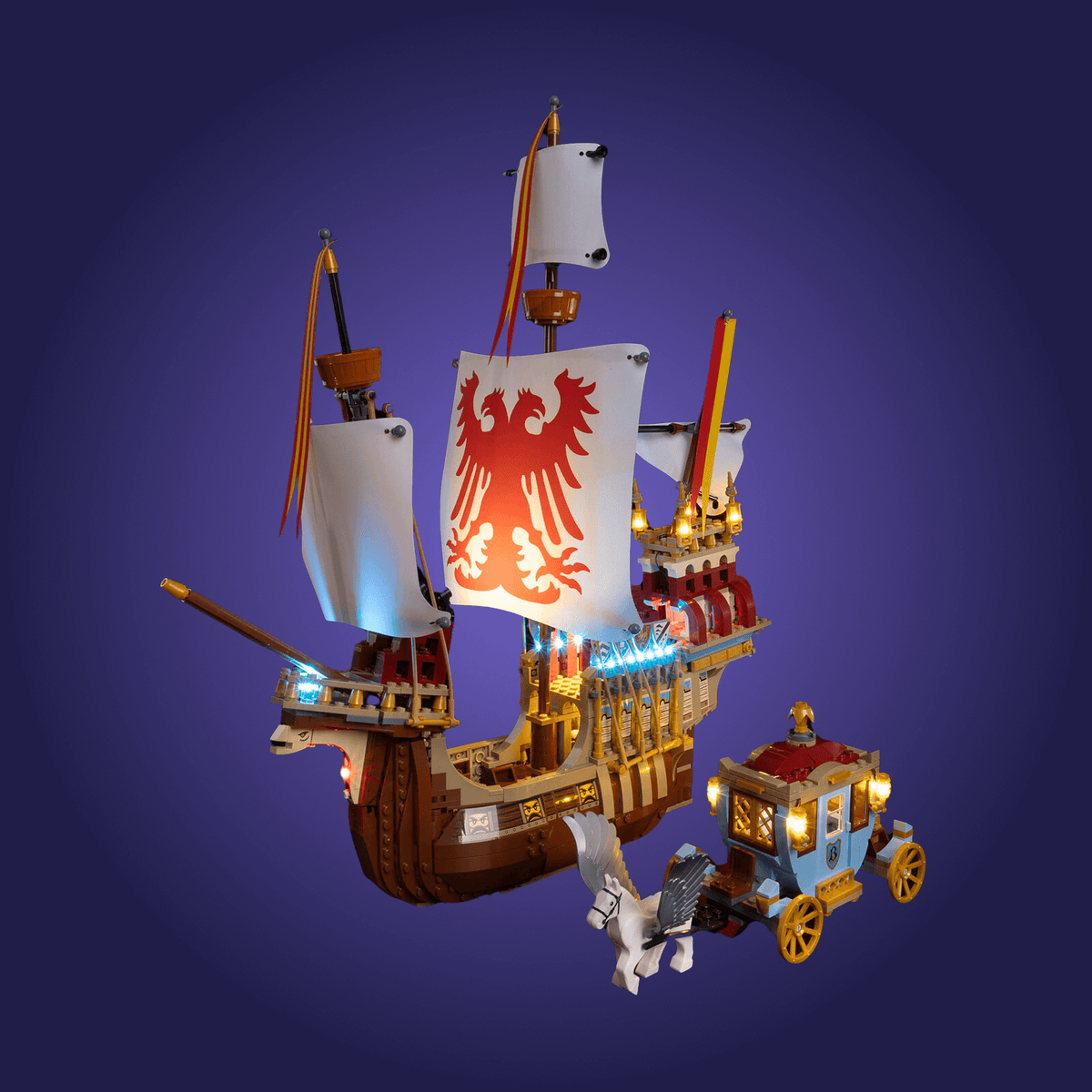 Toy ship with a detailed design on a blue background