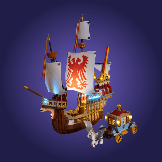 Toy ship with a detailed design on a blue background