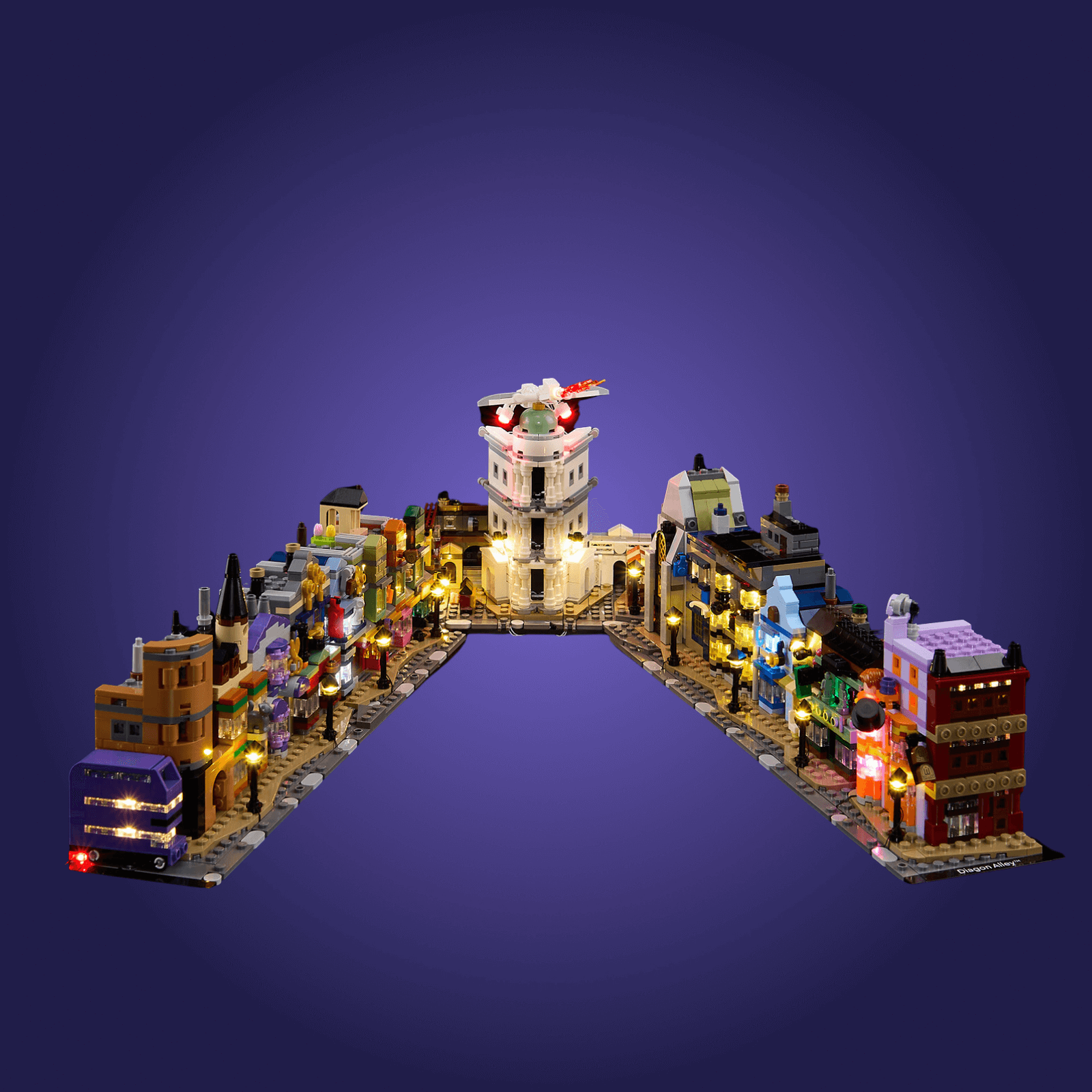 LEGO model of a city street with buildings and characters on a dark blue background