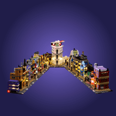 LEGO model of a city street with buildings and characters on a dark blue background