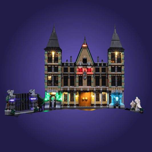 Detailed model of a castle with illuminated windows against a dark purple background