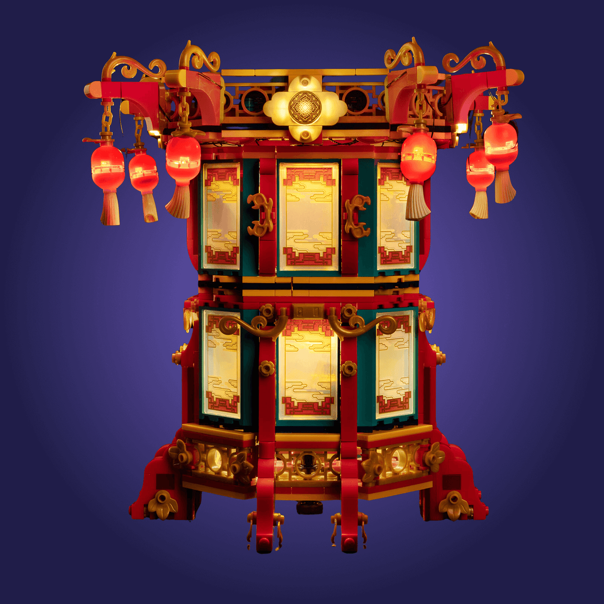 A Lego set lantern with a dark blue background
