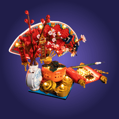 Decorative scene with a lantern, red decorations, and small figures on a blue background